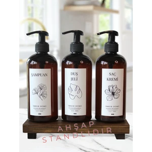 IMKER HOME Ahşap Stantlı Amber Plastik Pompalı Şampuan Duş Jeli Saç Kremi Şişesi 500 ml