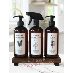 IMKER HOME Ahşap Stantlı Amber Plastik Pompalı Bulaşık Deterjanı Fısfıslı Mutfak Temizleyici Sıvı Sabun Şişesi 500 ml
