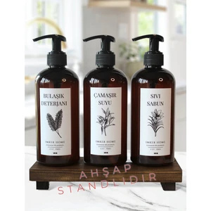 IMKER HOME Ahşap Stantlı Amber Plastik Pompalı Bulaşık Deterjanı Çamaşır Suyu Sıvı Sabun Şişesi 500 ml