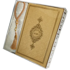 Çeyizlik Hediyelik Kutulu Gold Seccade Seti Lüks Tafta Seccade Inci Tesbih Orta Boy Kuran-I Kerim