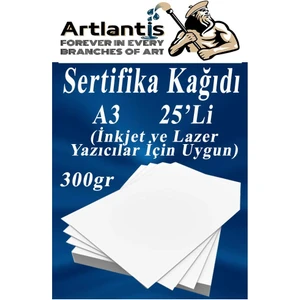 A3 Sertifika Kağıdı Kalın 25 Adet Gramajlı Fotokopi Kağıdı 300 gr Tüm Yazıcılara Uyumlu 29.7X42 cm Kalın Baskı Kağıdı