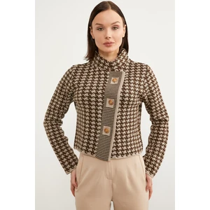 Kazayağı Desenli Dik Yaka Triko Hırka - Vizon