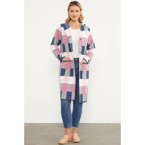 Blok Desenli Renkli Uzun Hırka - Indigo