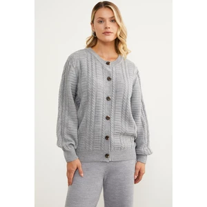 Sıfır Yaka Düğmeli Triko Hırka - Gri