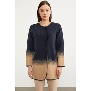 Deri Biye Detaylı Çift Renk Triko Ceket - Lacivert