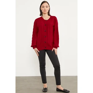 Sıfır Yaka Düğmeli Triko Hırka - Kırmızı