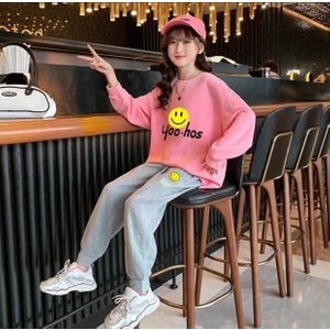 Kids Face Özel Tasarım Kapüşonlu Drew Emoji Baskılı Pamuk 3 İplik Kışlık Kız Çocuk Eşofman Takımı