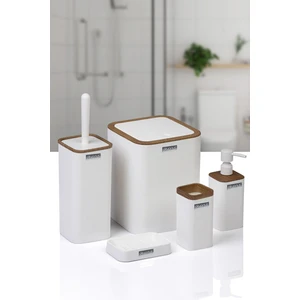 Okyanus Home Mina Beyaz Ahşap Desenli Çizgili Kare 5'li Banyo Seti