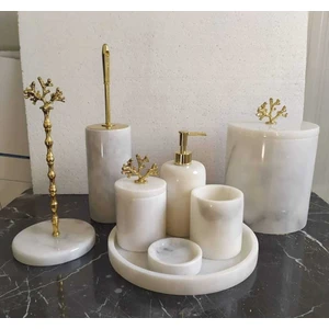 8 Parça Beyaz Mermer Banyo Seti – %100 Doğal Taş, El İşçiliği, Renk Solmaz, Kolay Temizlik ve Modern Tasarım