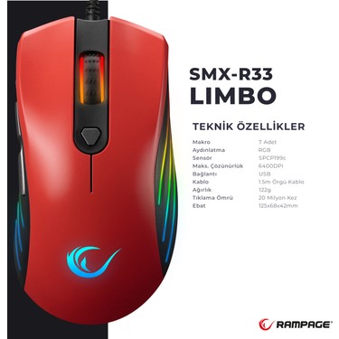 Rampage SMX-R33 Lımbo Makrolu Siyah/Kırmızı 6400DPI Rgb Fiyatı