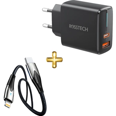 Rosstech 20W Pd Hızlı Şarj Adaptörü + 20W Usb-C To Lightning Dijtal Ekranlı Hızlı Şarj Kablosu