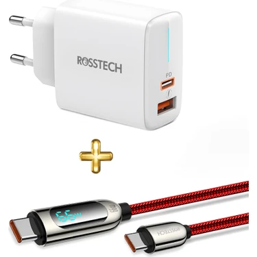 Rosstech 20W Pd Hızlı Şarj Adaptörü + 66W Type-C To Type-C Dijtal Ekranlı Hızlı Şarj Kablosu