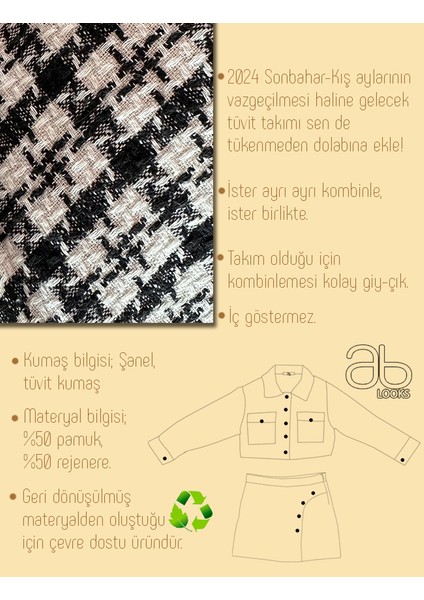 Kadın Ekose Desenli Şanel Kumaş Uzun Kol Tüvit Ceket Şort Etek Alt Üst Takım Ceket Etek Ikili Takım indirimleri