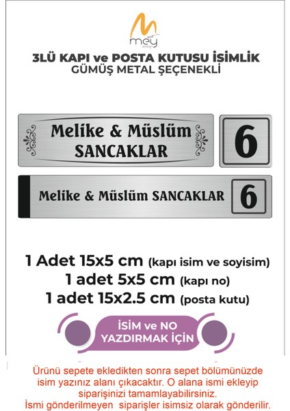 Gümüş Metal Kapı İsimliği Seti 3'lü - Kapı İsimliği, Kapı Numarası, Posta Kutusu İsimliği