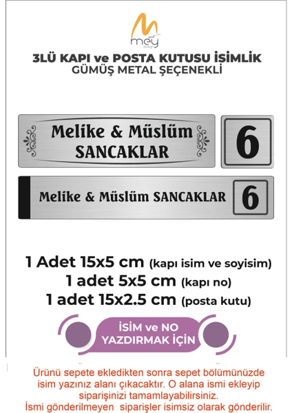 Mey Art Gümüş Metal Kapı İsimliği Seti 3'lü - Kapı İsimliği, Kapı Numarası, Posta Kutusu İsimliği