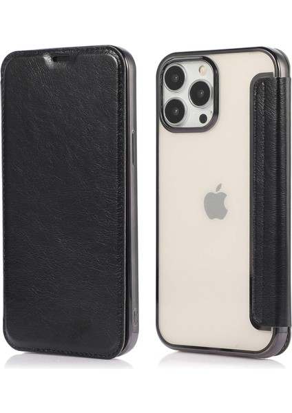 Iphone 14 Pro Telefon Kılıfı Için 6.1 Inç Pu Deri Folyo Elektrokaplatma Kılıfı Şeffaf Tpu Arka Stand Flip Kapak Kart Yuvası-Black (Yurt Dışından)