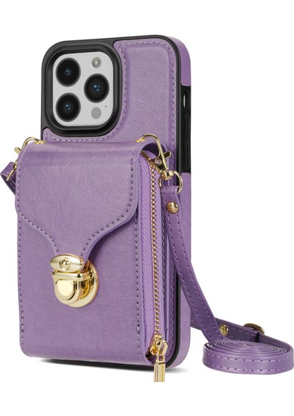 Iphone 14 Pro Pu Deri Kaplamalı Tpu Fermuar Telefon Kılıfı Yuvası Kickstand Shockproof Cover-Purple (Yurt Dışından)