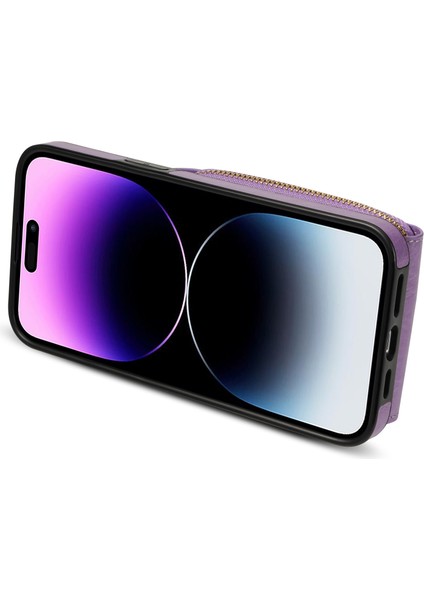 Iphone 14 Pro Pu Deri Kaplamalı Tpu Fermuar Telefon Kılıfı Yuvası Kickstand Shockproof Cover-Purple (Yurt Dışından) fırsatları