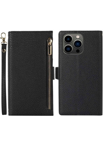 Iphone 14 Pro 14 Için Telefon Kılıfı Litchi Doku Fermuar Cep Tam Kapsam Pu Deri Telefon Flip Kapak Cüzdan Strap-Black (Yurt Dışından)