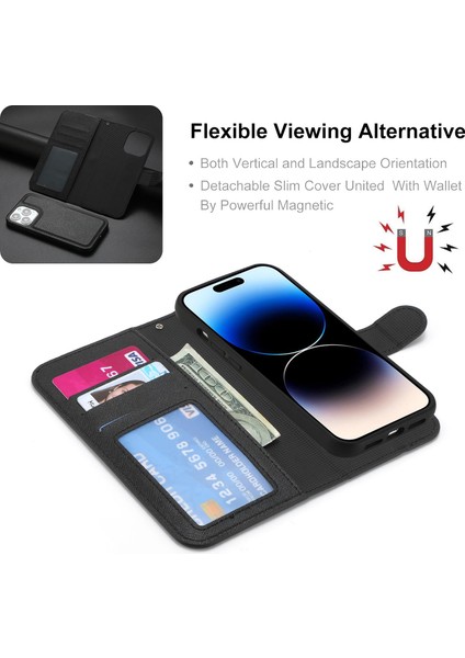 Iphone 14 Pro Telefon Kılıfı Çıkarılabilir Tpu Geri Kılıf Çapraz Doku Pu Deri Derdan Damla Koşullu Kapak Flip Stand Cüzdan Kabuk Black (Yurt Dışından)