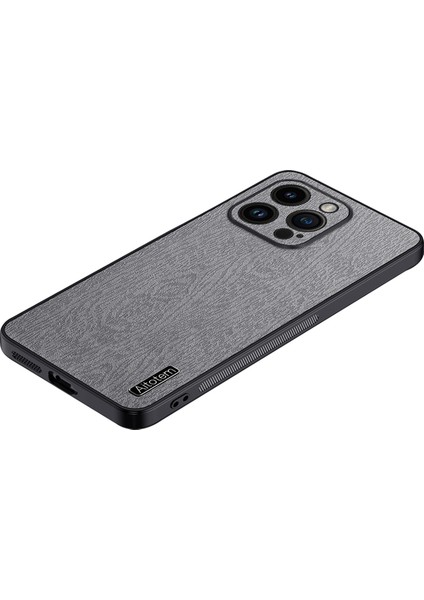 Kamera Lens Koruyucu-Gri ile iPhone 14 Pro Pu Deri Pc Tpu Telefon Kapağı Için Ahşap Tahıl Ince Kasa (Yurt Dışından)