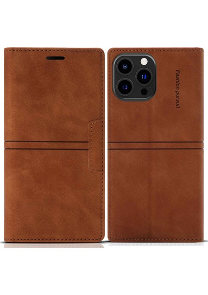Iphone 14 Pro Telefon Kılıfı 6.1 Inç Pu Deri Cüzdan Kılıfı Manyetik Otomatik Absorlanmış Tam Koruma Cep Telefon Kabuğu Stand-Brown (Yurt Dışından)