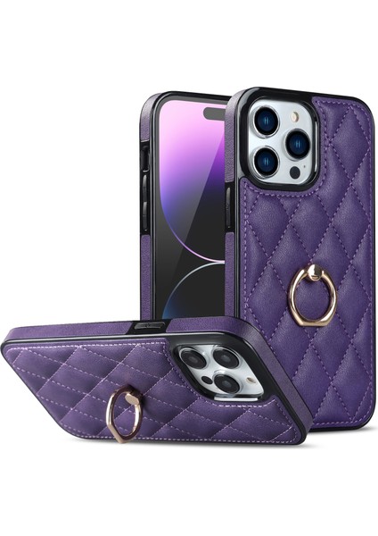 Iphone 14 Pro 14 Pro Telefon Kılıfı Tutucu Kickstand Pu Deri Kaplamalı Tpu Rhombus Izgara Deseni Baskılı Anti-Çizelge Arka Kapak Morası (Yurt Dışından)