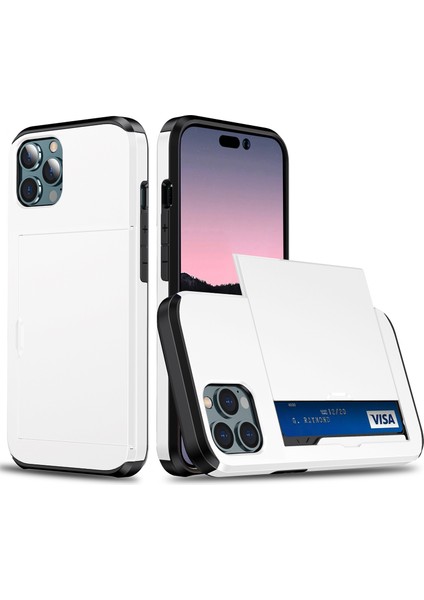 Iphone 14 Pro 6.1 Inç Çizgiye Döküm Anti Telefon Kılıf Kart Tutucu Yumuşak Tpu+Sert Pc Hibrid Kapak-Beyaz (Yurt Dışından)