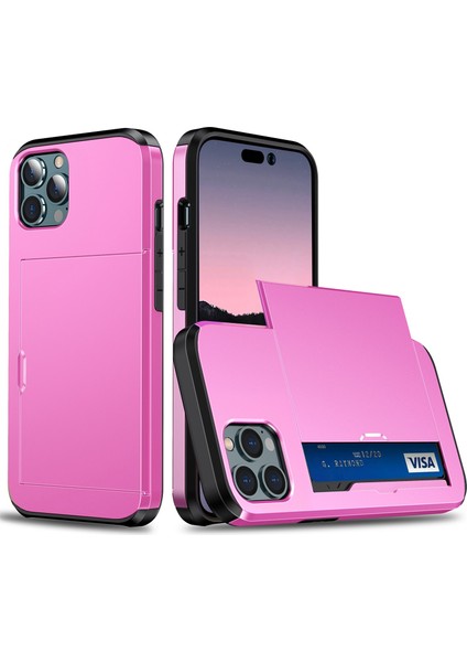 Iphone 14 Pro 6.1 Inç Çizgiye Döküm Anti Telefon Kılıf Kart Tutucu Yumuşak Tpu+Sert Pc Hibrid Kapak Pembe (Yurt Dışından)
