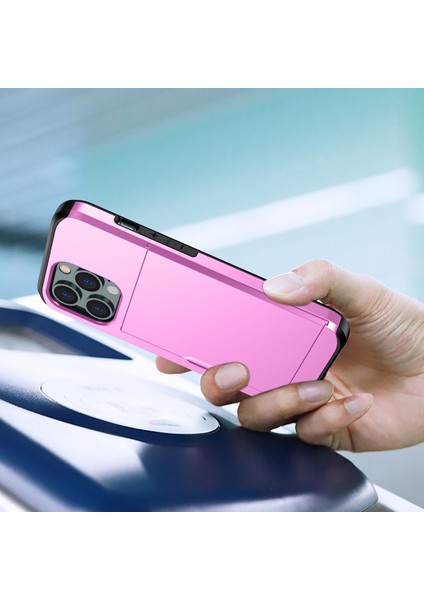 Iphone 14 Pro 6.1 Inç Çizgiye Döküm Anti Telefon Kılıf Kart Tutucu Yumuşak Tpu+Sert Pc Hibrid Kapak Pembe (Yurt Dışından)
