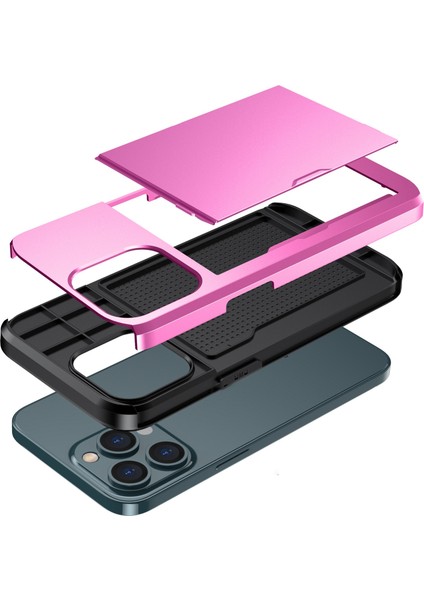 Iphone 14 Pro 6.1 Inç Çizgiye Döküm Anti Telefon Kılıf Kart Tutucu Yumuşak Tpu+Sert Pc Hibrid Kapak Pembe (Yurt Dışından)