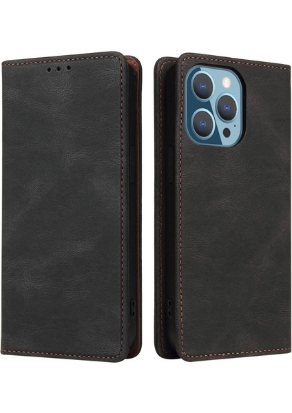 Iphone 14 Pro Telefon Kılıfı Için Ultra Ince Manyetik Telefon Kapak Kapağı Şok Geçirmez Stand Cüzdanı Pu Deri Cep Telefon Kılıfı Black (Yurt Dışından)