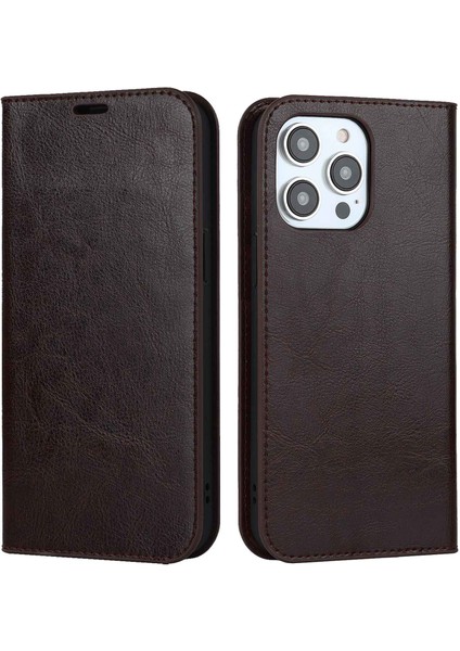 Iphone 14 Pro Telefon Kılıfı 6.1 Inç Orijinal Deri Cüzdan Kılıf Çılgın At Dokusu Manyetik Emilim Standı Kapak-Dark Brown (Yurt Dışından)