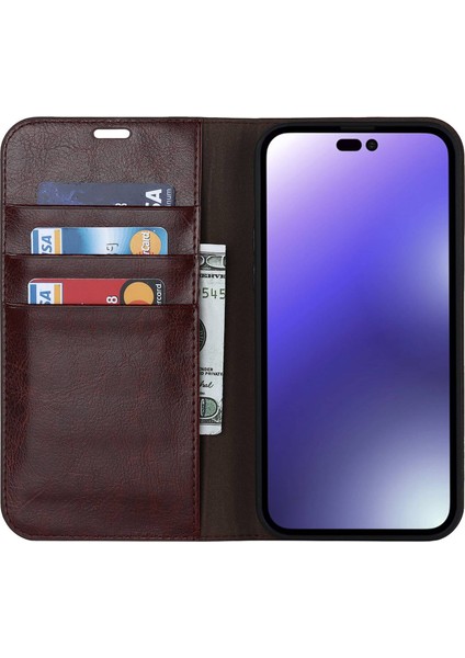 Iphone 14 Pro Telefon Kılıfı 6.1 Inç Orijinal Deri Cüzdan Kılıf Çılgın At Dokusu Manyetik Emilim Standı Kapak-Dark Brown (Yurt Dışından)