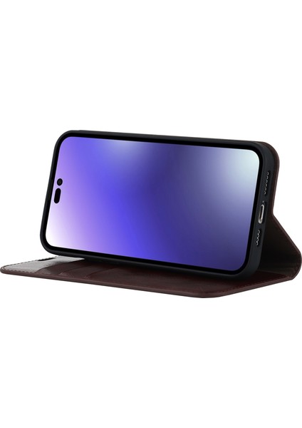 Iphone 14 Pro Telefon Kılıfı 6.1 Inç Orijinal Deri Cüzdan Kılıf Çılgın At Dokusu Manyetik Emilim Standı Kapak-Dark Brown (Yurt Dışından)