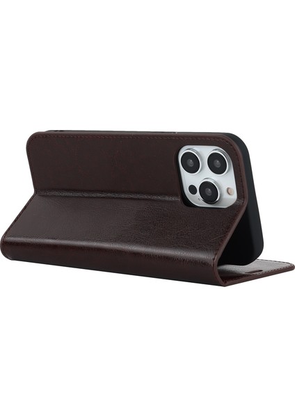 Iphone 14 Pro Telefon Kılıfı 6.1 Inç Orijinal Deri Cüzdan Kılıf Çılgın At Dokusu Manyetik Emilim Standı Kapak-Dark Brown (Yurt Dışından)