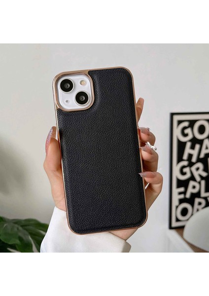 Iphone 14 Telefon Kılıfı Koruyucu Kapak 6.1 Inç Orijinal Cowhide Deri+Tpu Elektraplatma Anti-Drop Cep Telefon Kılıfı Black (Yurt Dışından)
