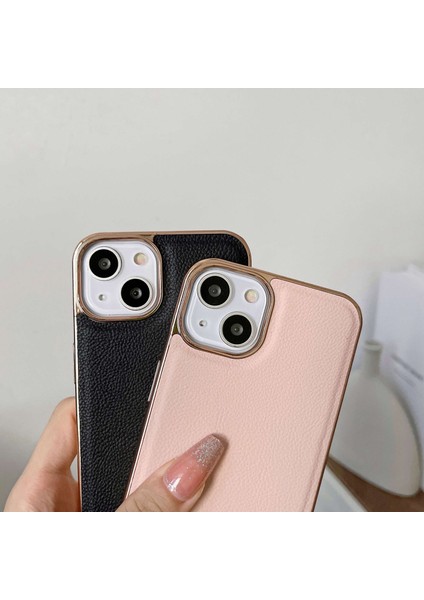 Iphone 14 Telefon Kılıfı Koruyucu Kapak 6.1 Inç Orijinal Cowhide Deri+Tpu Elektraplatma Anti-Drop Cep Telefon Kılıfı Black (Yurt Dışından)