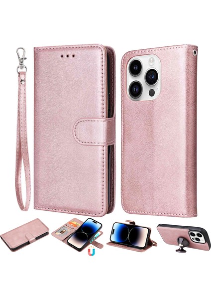 Iphone 14 Pro Tele Kılıfı Için Manyetik Çıkarılabilir Pu Deri Kılıf Stand Strap-Rose Gold ile Düz Renk Cüzdan Telefon Kapağı (Yurt Dışından)