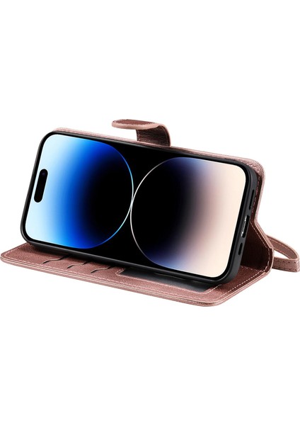 Iphone 14 Pro Tele Kılıfı Için Manyetik Çıkarılabilir Pu Deri Kılıf Stand Strap-Rose Gold ile Düz Renk Cüzdan Telefon Kapağı (Yurt Dışından)