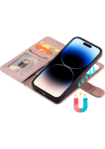 Iphone 14 Pro Tele Kılıfı Için Manyetik Çıkarılabilir Pu Deri Kılıf Stand Strap-Rose Gold ile Düz Renk Cüzdan Telefon Kapağı (Yurt Dışından)