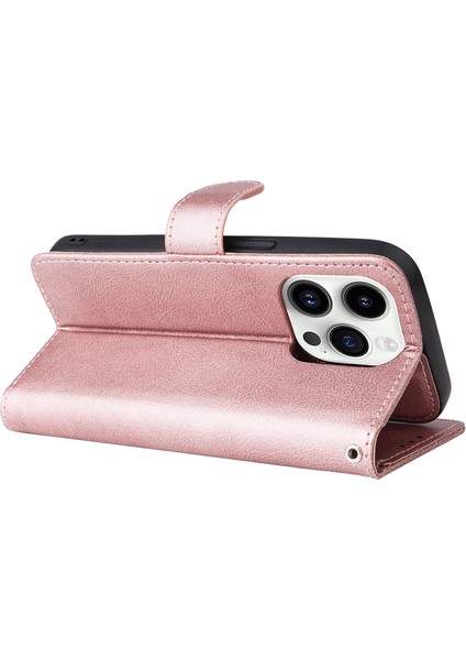 Iphone 14 Pro Tele Kılıfı Için Manyetik Çıkarılabilir Pu Deri Kılıf Stand Strap-Rose Gold ile Düz Renk Cüzdan Telefon Kapağı (Yurt Dışından)