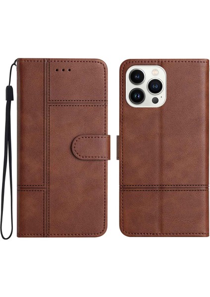 Iphone 14 Pro 14 Pro Telefon Kılıfı Flip Cüzdan Kılıfı Iş Stili Etki Dayanıklı Cowhide Doku Pu Deri Telefon Stand Kapağı Strap-Dark Brown (Yurt Dışından)