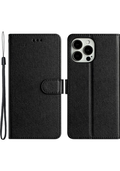 Iphone 14 Pro 14 Için Telefon Kılıfı Telefon Kapağı Ipek Doku Kapak Kılıfı Pu Deri Cüzdan Stand Kabuğu Bilek Kayış-Black (Yurt Dışından)