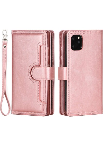 Iphone 14 Pro Telefon Kılıfı 6.1 Inç Deri Deri Flip Cüzdan Kılıfı Çoklu Kart Yuvaları Stand Manyetik Telefon Kapağı El Strap-Rose Altın (Yurt Dışından)