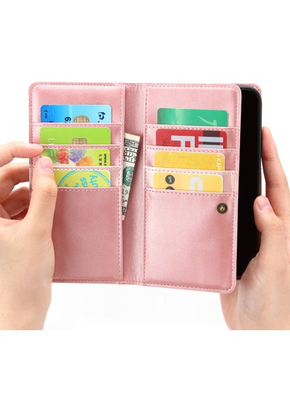 Iphone 14 Pro Telefon Kılıfı 6.1 Inç Deri Deri Flip Cüzdan Kılıfı Çoklu Kart Yuvaları Stand Manyetik Telefon Kapağı El Strap-Rose Altın (Yurt Dışından) modelleri