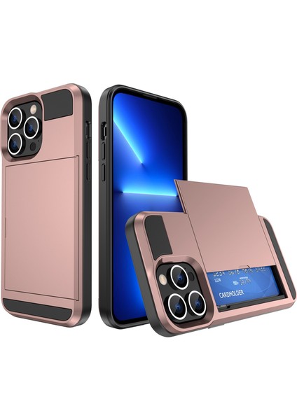 Iphone 14 Pro Telefon Kılıfı Için 6.1 Inç Kayan Kart Tutucu Pürüzsüz Yüzey Pc+Tpu Hibrit Telefon Kabuk Rose Gold (Yurt Dışından)