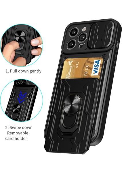 Iphone 14 Pro 6.1 Inç Slayt Lens Kapağı Kickstand Pc+Tpu Kabuk Kart Tutucu Şok Geçirmez Telefon Kılıf Kedisi (Yurt Dışından)