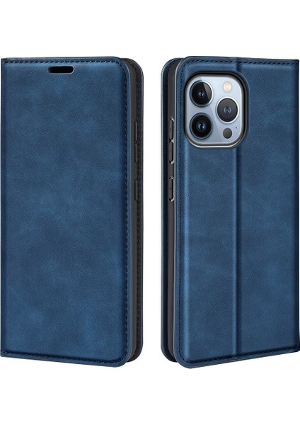 Iphone 14 Pro Telefon Kılıfı 6.1 Inç Yumuşak Ten Duygu Deri Folio Kitap Flip Cover Yatay Görüntüleme Standı Manyetik Emilim Telefon Kılıf Mavisi (Yurt Dışından)