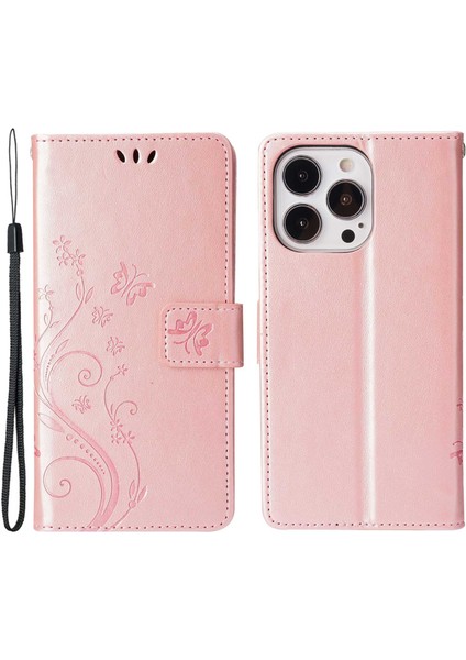 Iphone 14 Pro Telefon Kılıfı Için 6.1 Inç Baskılı Kelebekler Tam Koruma Pu Deri Cüzdan Kapak Stand Strap-Rose Altın (Yurt Dışından)